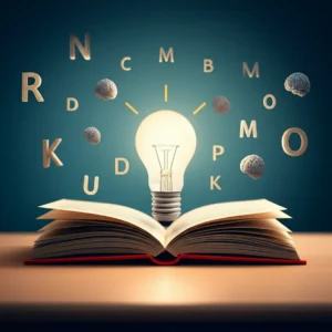 A-cute-3D-rendering-of-a-study-desk-with-grammar-books,-a-lightbulb,-and-learning-symbols.