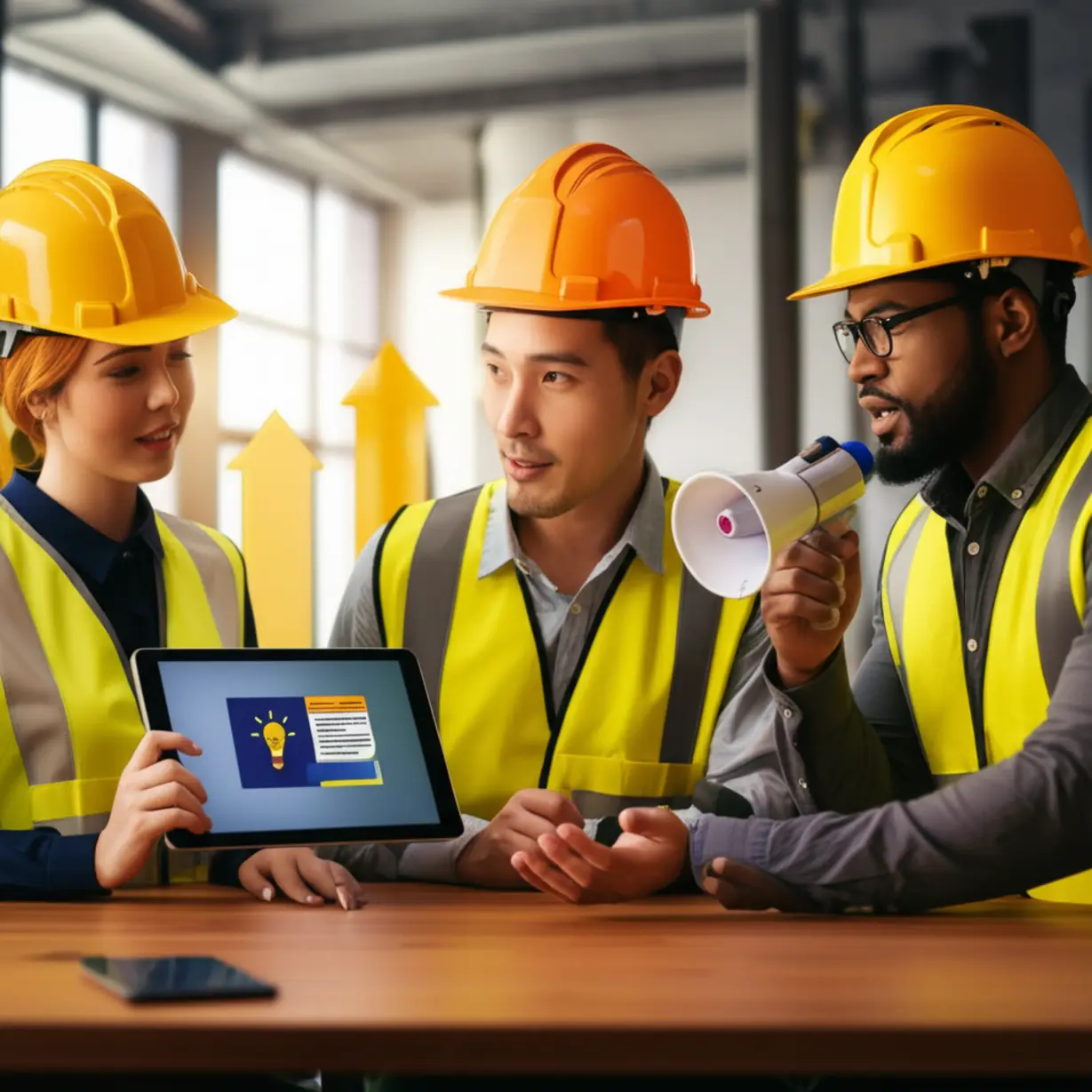 안전모와-조끼를-입은-건설-근로자들이-태블릿과-메가폰을-들고-안전-교육을-하는-귀여운-3D-애니메이션-이미지
