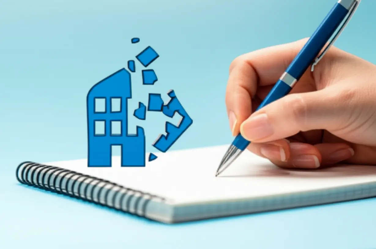 A-cute-3D-illustration-of-a-hand-writing-in-a-notebook-and-a-building-being-taken-apart.