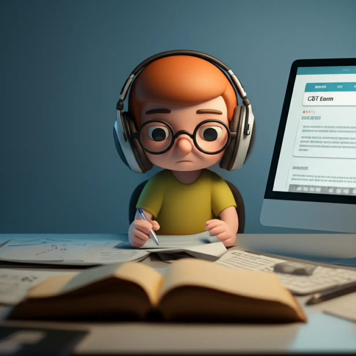 A-person-sitting-at-a-computer-taking-a-CBT-exam,-concentrating-on-the-screen.