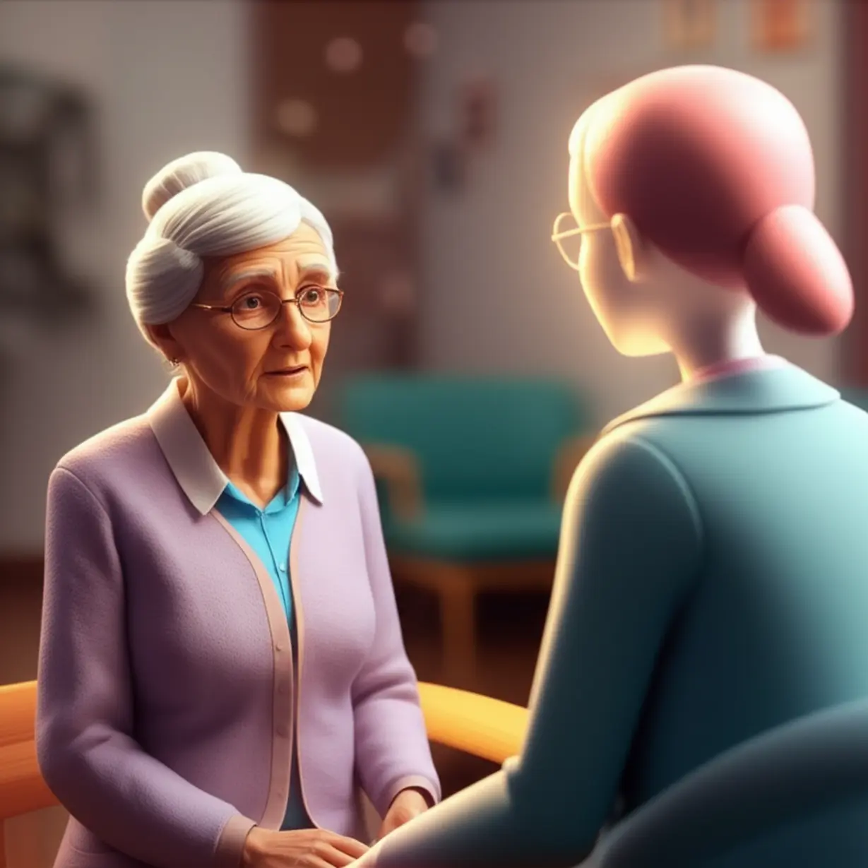 A-3D-illustration-of-an-elderly-person-and-a-counselor-figure-in-a-comforting-setting,-symbolizing-empathy-and-understanding.