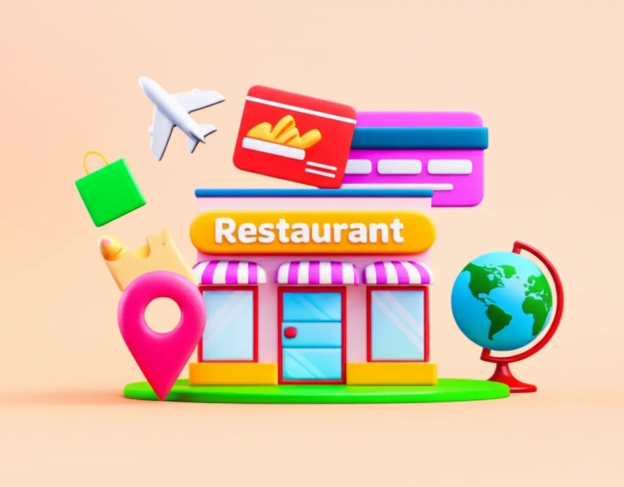다양한-상점-아이콘,-결제-수단-아이콘,-지구본-및-비행기-아이콘이-있어-사용처와-해외-거주자를-상징하는-귀여운-3D-이미지