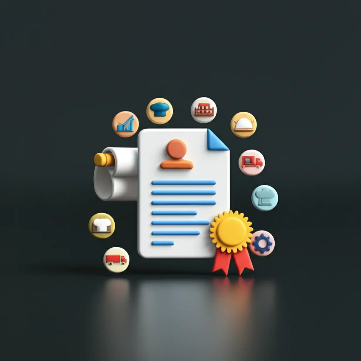 Cute-3D-illustration-of-a-certificate-and-resume-with-industry-symbols.