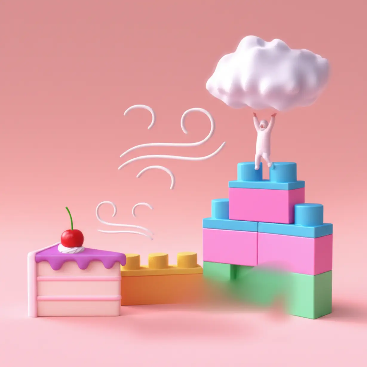 3D-illustration-showing-symbols-for-various-easy-expressions-including-a-piece-of-cake,-a-gentle-breeze,-building-blocks,-and-someone-easily-lifting-something.