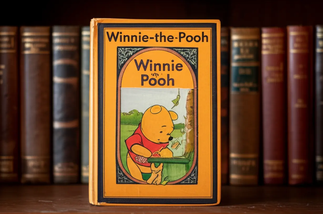 A-vintage-style-book-with-a-classic-cover-design-on-a-shelf-filled-with-books.