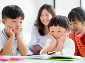 A-warm-classroom-with-children-engaged-in-activities-and-an-adult-supervising.