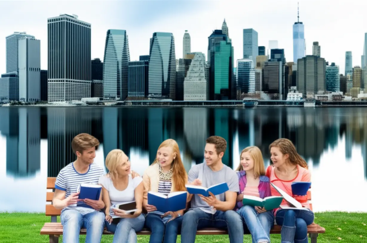 Diverse-students-studying-in-a-park-with-the-Melbourne-skyline-in-the-background