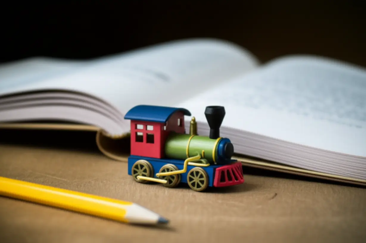 Cute-3D-rendering-of-a-miniature-train,-book,-and-pencil-for-written-exam
