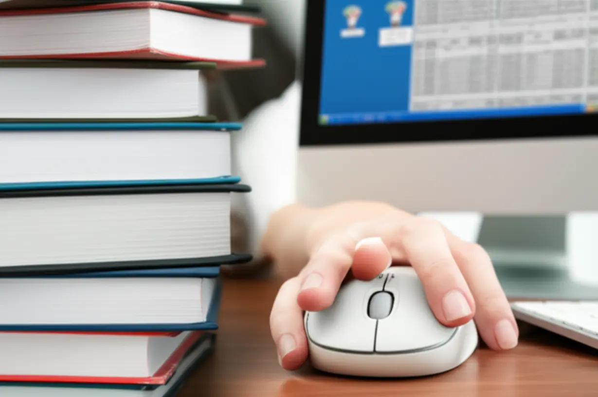 Split-image-showing-study-materials-for-written-exams-and-a-computer-screen-for-practical-exams.