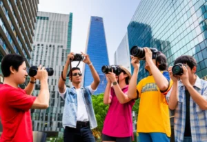 Young-people-taking-pictures-of-Seoul-buildings.