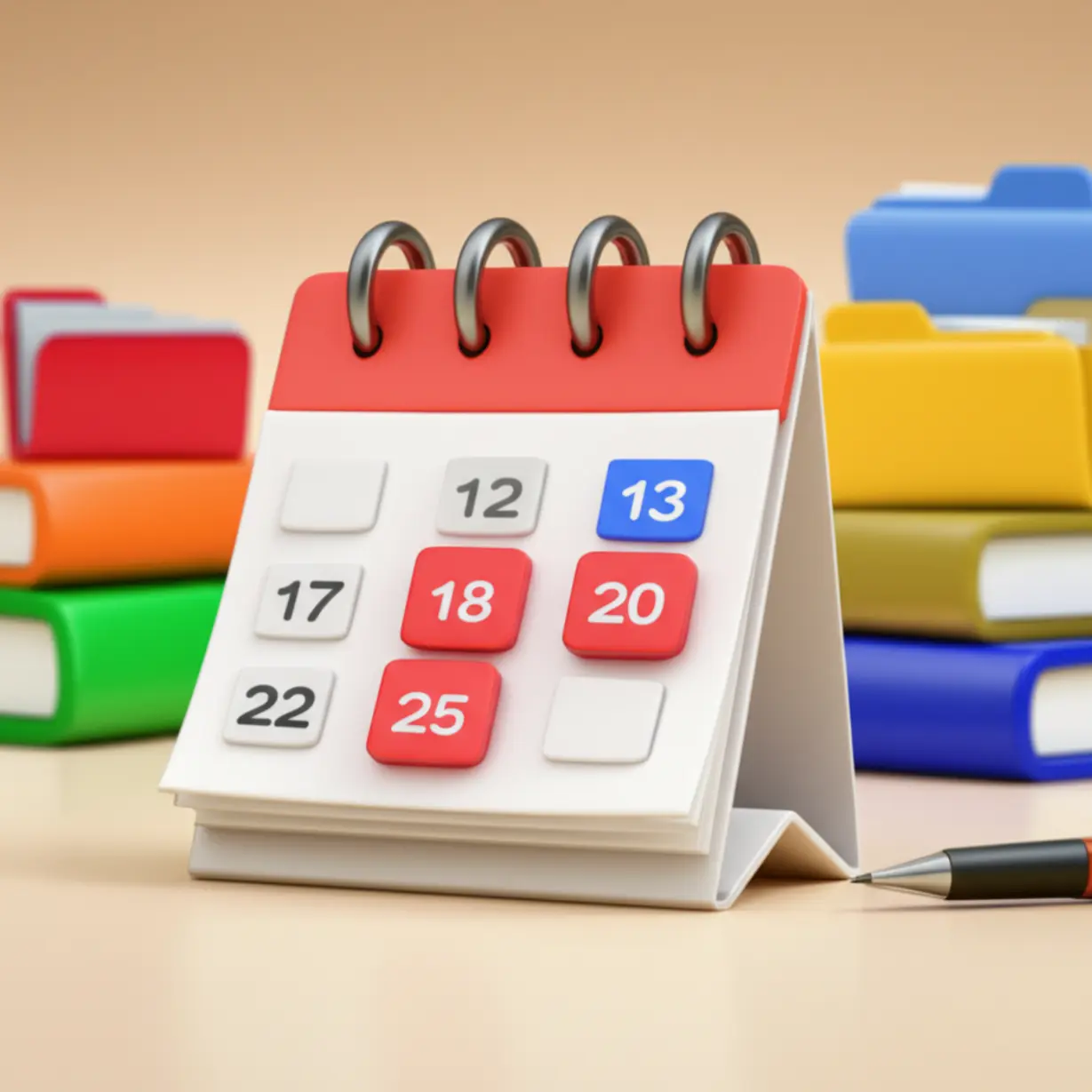 A-cute-3D-image-of-a-calendar-with-highlighted-dates-next-to-piles-of-books,-symbolizing-exam-schedules-and-various-study-subjects.