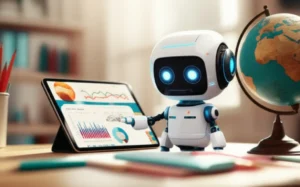A-3D-image-of-a-friendly-AI-robot-helping-a-student-learn-English-on-a-tablet,-symbolizing-smart-education.