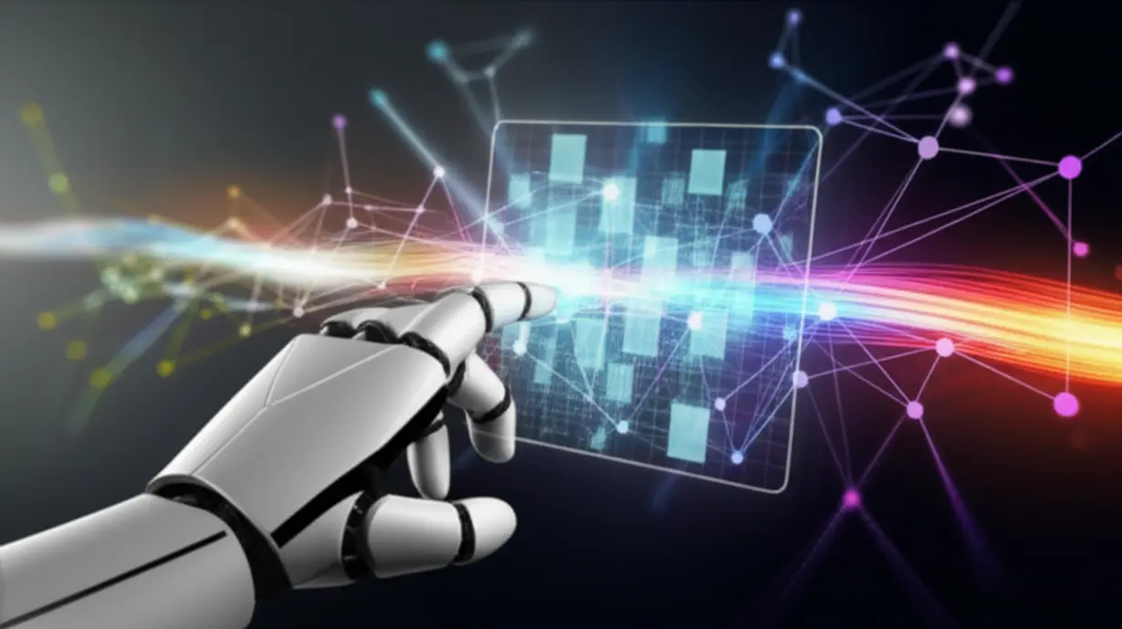 A-cute-3D-illustration-of-a-neural-network-with-data-streams-and-a-robot-hand-interacting-with-a-holographic-graph,-representing-AI-development.