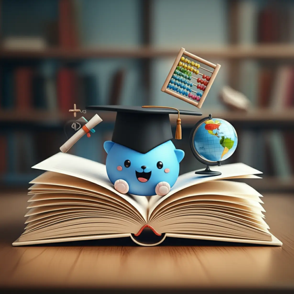 A-delightful-3D-image-of-an-open-book-surrounded-by-academic-symbols-like-a-graduation-cap-and-globe,-set-against-a-blurred-library-background.