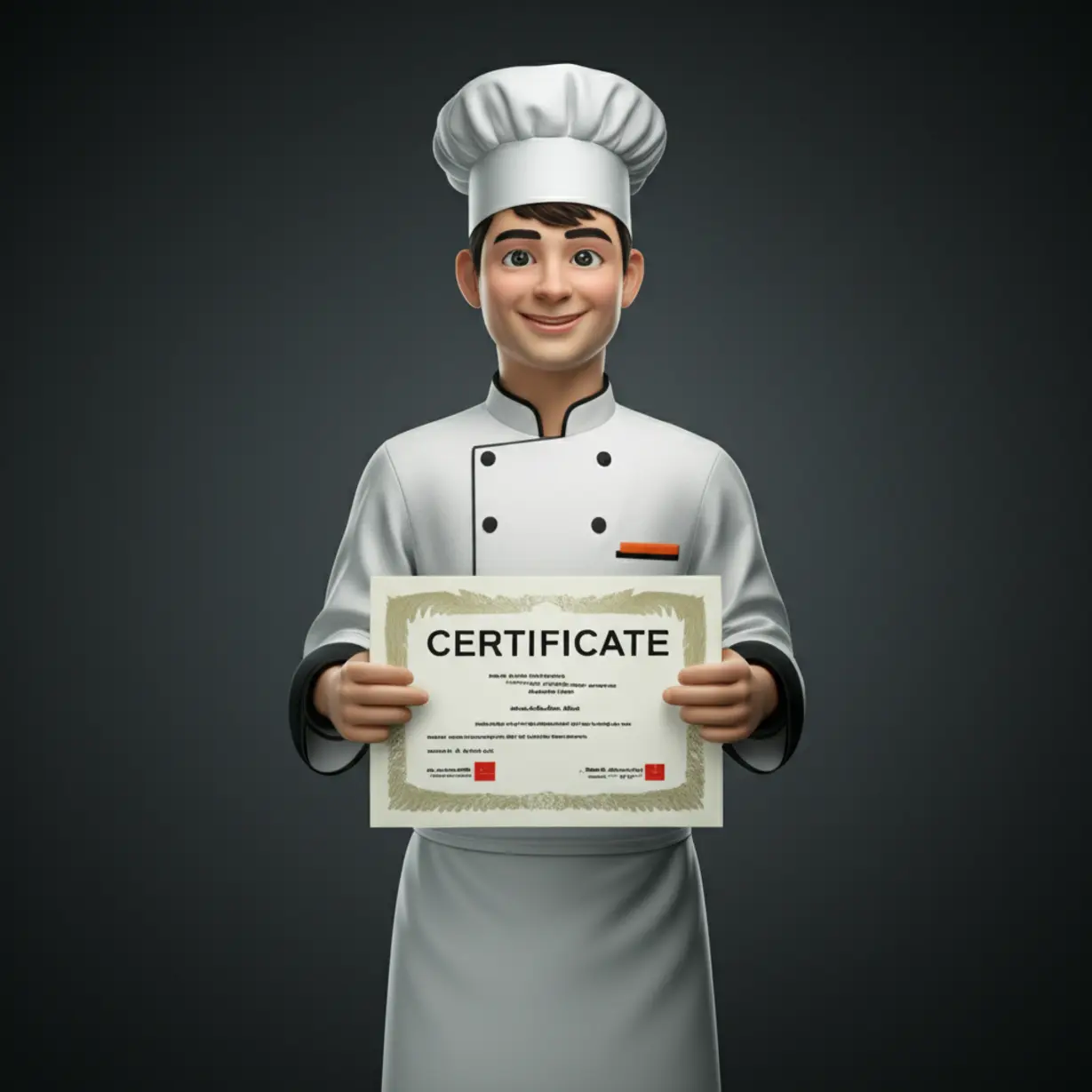A-cute-3D-rendering-of-a-smiling-chef-holding-a-diploma,-standing-in-a-brightly-lit-kitchen,-representing-successful-learning.