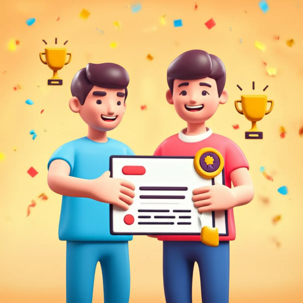 A-joyful-scene-of-a-person-receiving-a-certificate,-with-celebratory-elements-like-a-trophy-and-confetti,-signifying-successful-certification.