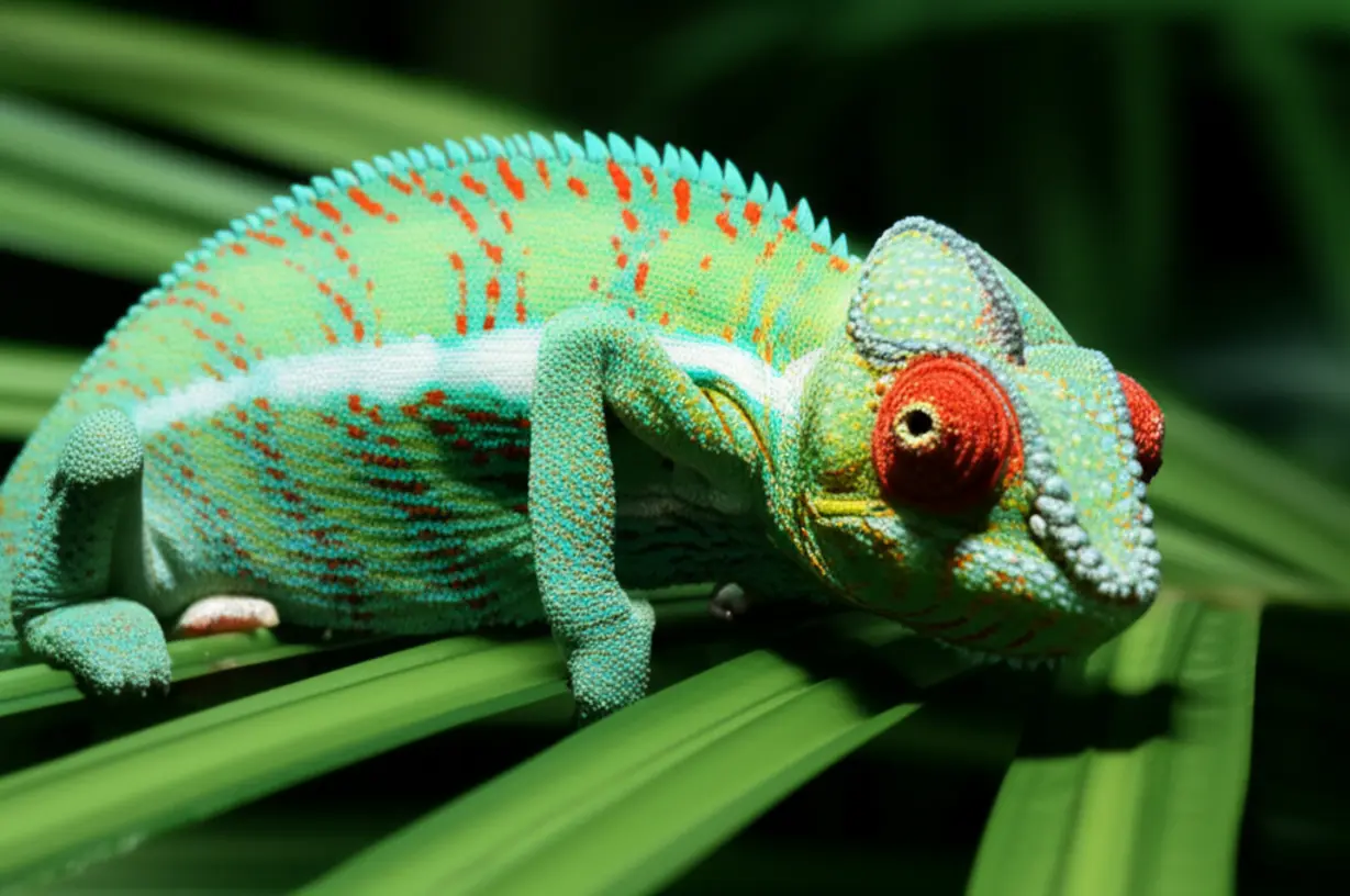 A-3D-illustration-of-a-chameleon-showing-both-camouflage-and-true-colors,-representing-adapting-while-seeking-authenticity.