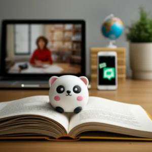 책상-위에-펼쳐진-영어-교재와-강의-영상이-재생되는-노트북,-뒤로는-아늑한-집-풍경이-보인다.-여행,-소통,-자기계발을-상징하는-요소들이-은은하게-배치되어-있다.