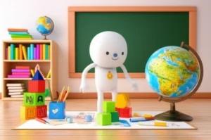 밝고-현대적인-교실에서-교사가-아이들과-함께-즐거운-방과후-활동을-하는-귀여운-3D-이미지