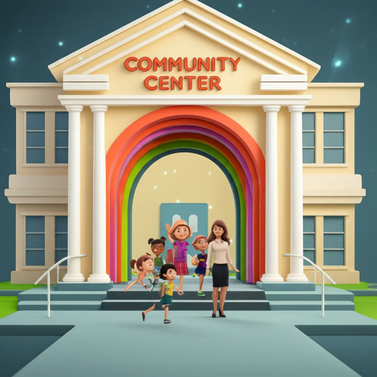 A-stylized-illustration-of-a-teacher-welcoming-children-to-an-after-school-program.