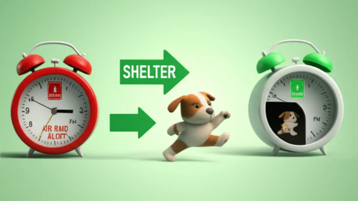 A-cute-3D-image-illustrating-the-sequence-of-actions-during-an-air-raid-alert:-alarm-at-2-PM,-moving-to-shelter,-and-returning-after-the-all-clear-at-2:20-PM.