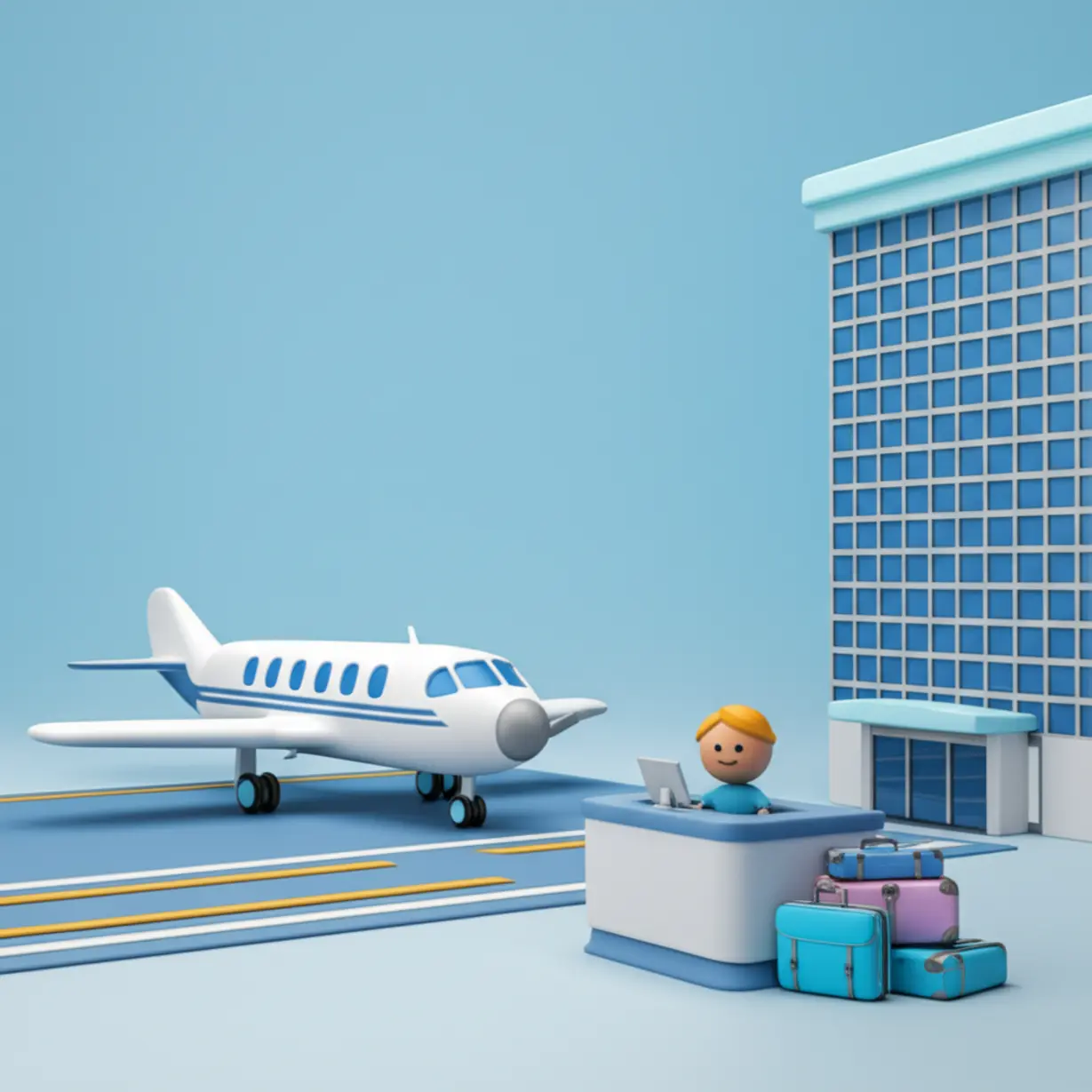 A-cute-3D-illustration-of-an-airport-terminal-with-a-small-airplane-and-a-nearby-hotel,-symbolizing-the-initial-stages-of-international-travel.