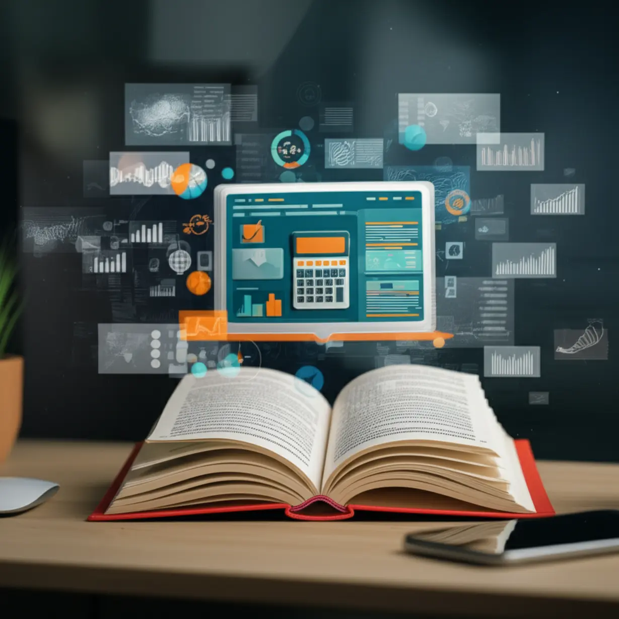 A-3D-illustration-showing-an-open-textbook-and-a-computer-screen-with-accounting-software,-representing-the-theoretical-and-practical-aspects-of-the-Jeonsan-Hoegye-1st-Class-exam.