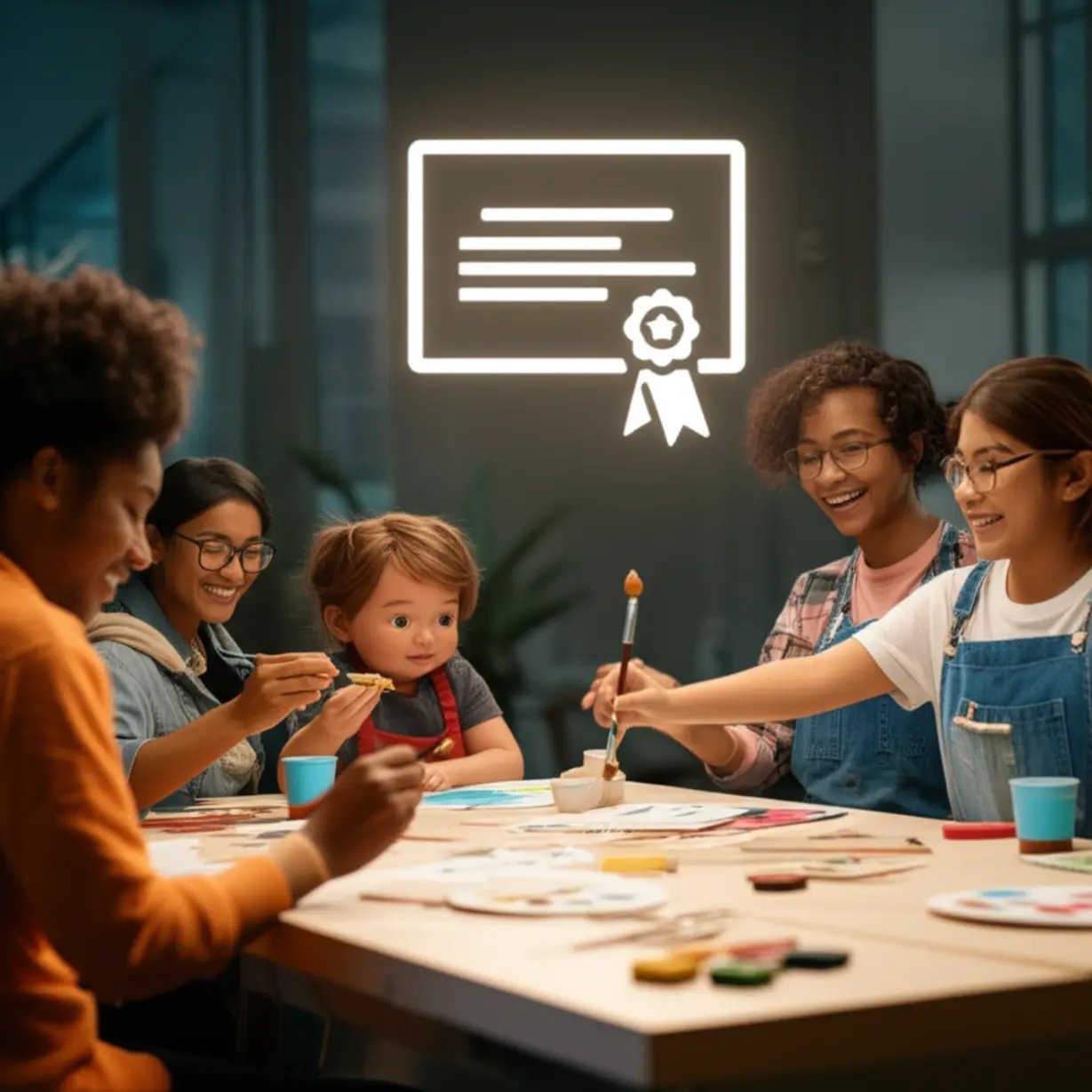 다양한-사람들이-예술-활동을-하고-있는-커뮤니티-공간과-자격증-심볼-이미지