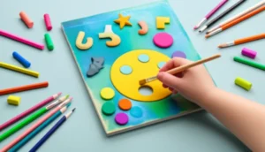 A-3D-image-showing-art-supplies-and-abstract-art-representing-art-therapy-and-psychological-well-being.