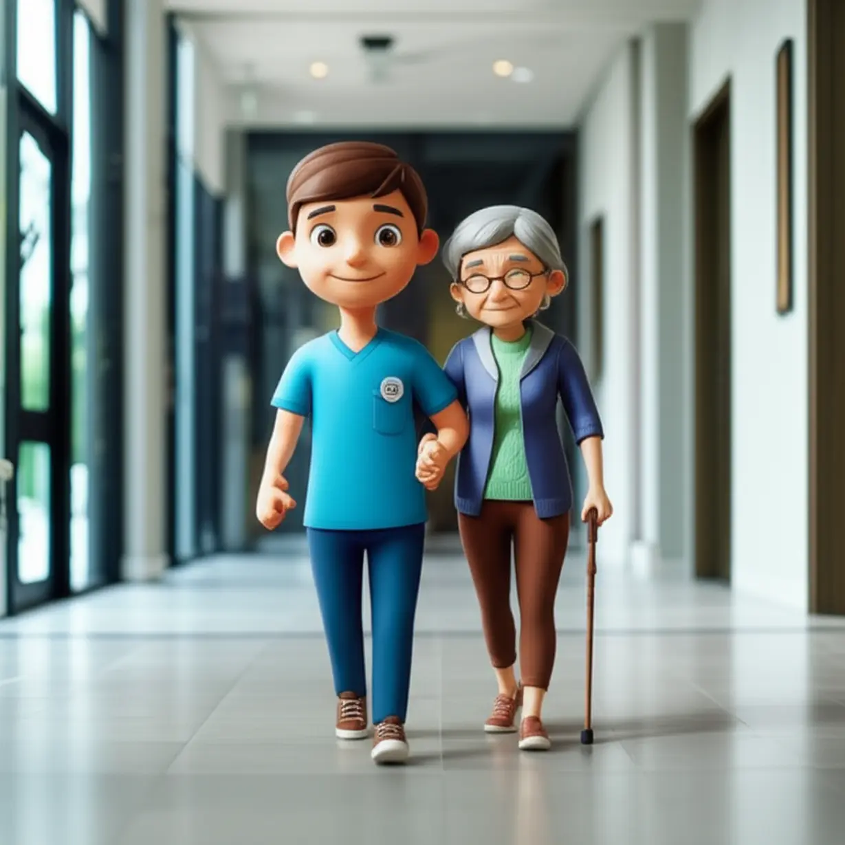 A-friendly-hospital-companion-manager-guiding-an-elderly-person-through-a-bright-hospital-lobby.