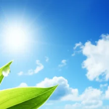 A-3D-image-depicting-a-clear-summer-sky-with-sun-and-subtle-elements-of-coolness-like-green-leaves-and-water-drops.