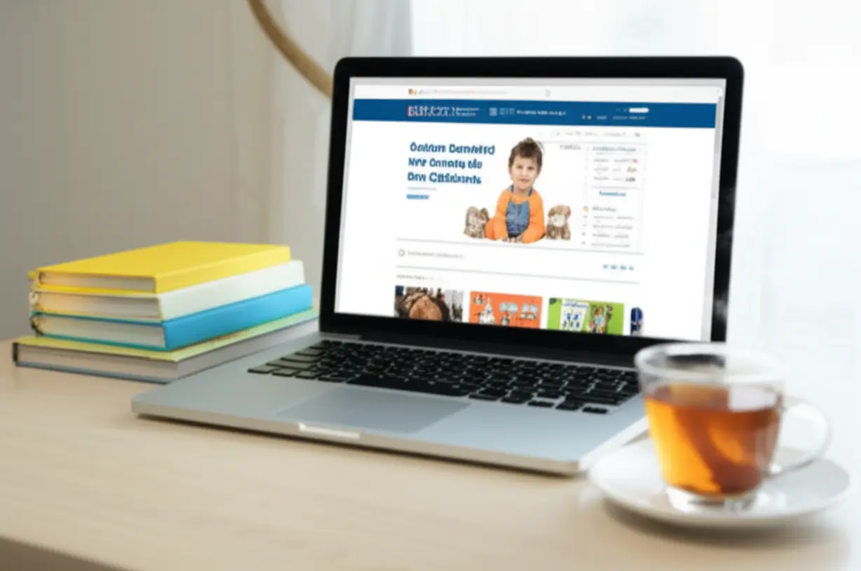 A-cute-3D-image-illustrating-the-online-learning-process-for-babysitter-certification,-showing-a-laptop-and-study-materials.