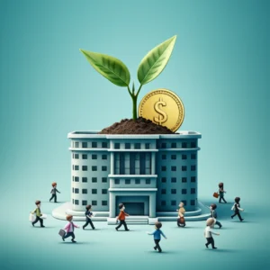 Main-image-for-Bank-of-Korea-recruitment-article,-showing-a-stylized-building-with-economic-symbols-and-diverse-professional-figures.