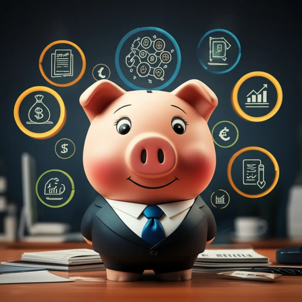 Bank-of-Korea-recruitment-overview,-showing-a-piggy-bank-in-a-suit-with-economic-and-technological-symbols.