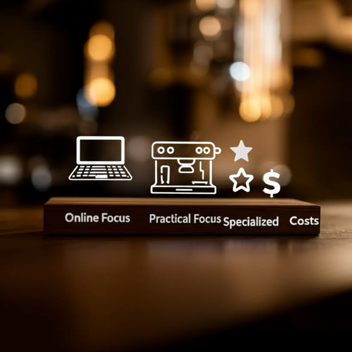 A-visual-comparison-chart-detailing-different-barista-academies-based-on-their-focus-(online,-practical,-specialized)-and-cost,-using-clear-icons-and-a-dollar-sign-for-financial-aspects.