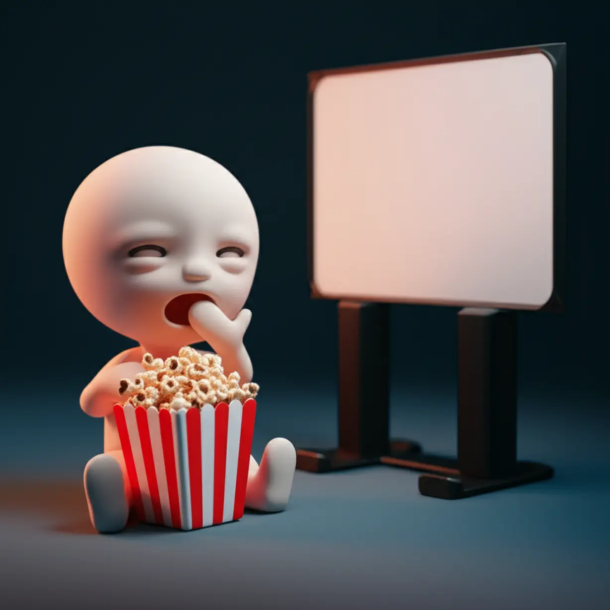 하품하는-귀여운-캐릭터와-재미없는-영화를-상징하는-팝콘,-빈-스크린의-3D-이미지