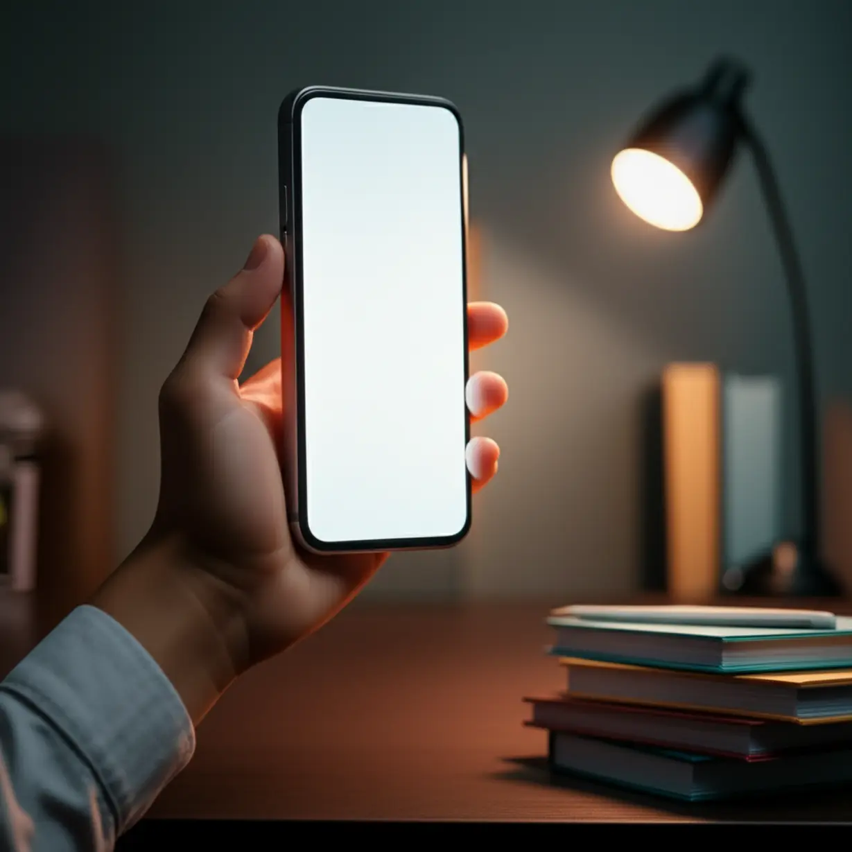 A-3D-hand-holding-a-smartphone-with-a-glowing-screen,-illustrating-a-transformation-from-a-messy-to-an-organized-study-space-in-the-background.