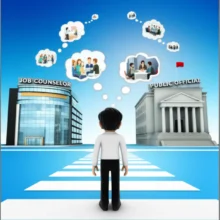 A-cute-3D-image-showing-a-person-contemplating-two-distinct-career-paths:-one-leading-to-a-dynamic-job-counseling-role-in-a-modern-office,-and-the-other-to-a-stable-public-official-position-in-a-government-building,-set-under-a-bright-blue-sky.