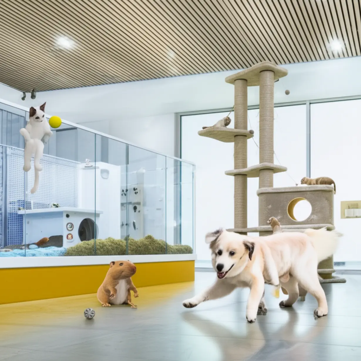 A-cute-3D-image-of-diverse-pets-playing-in-a-bright,-modern-facility,-representing-various-pet-career-paths.
