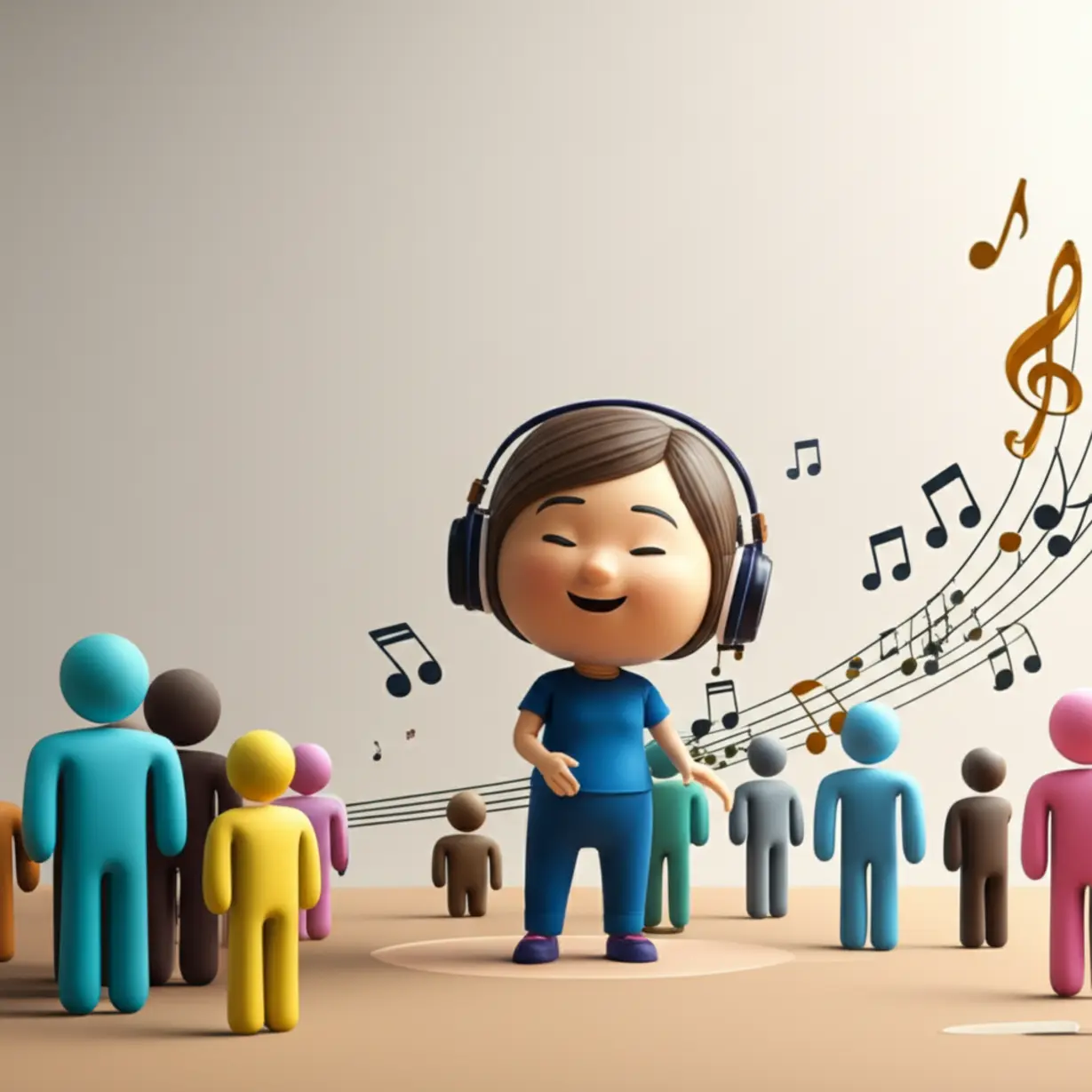 3D-image-of-a-character-interacting-with-others-using-music,-showing-career-growth.