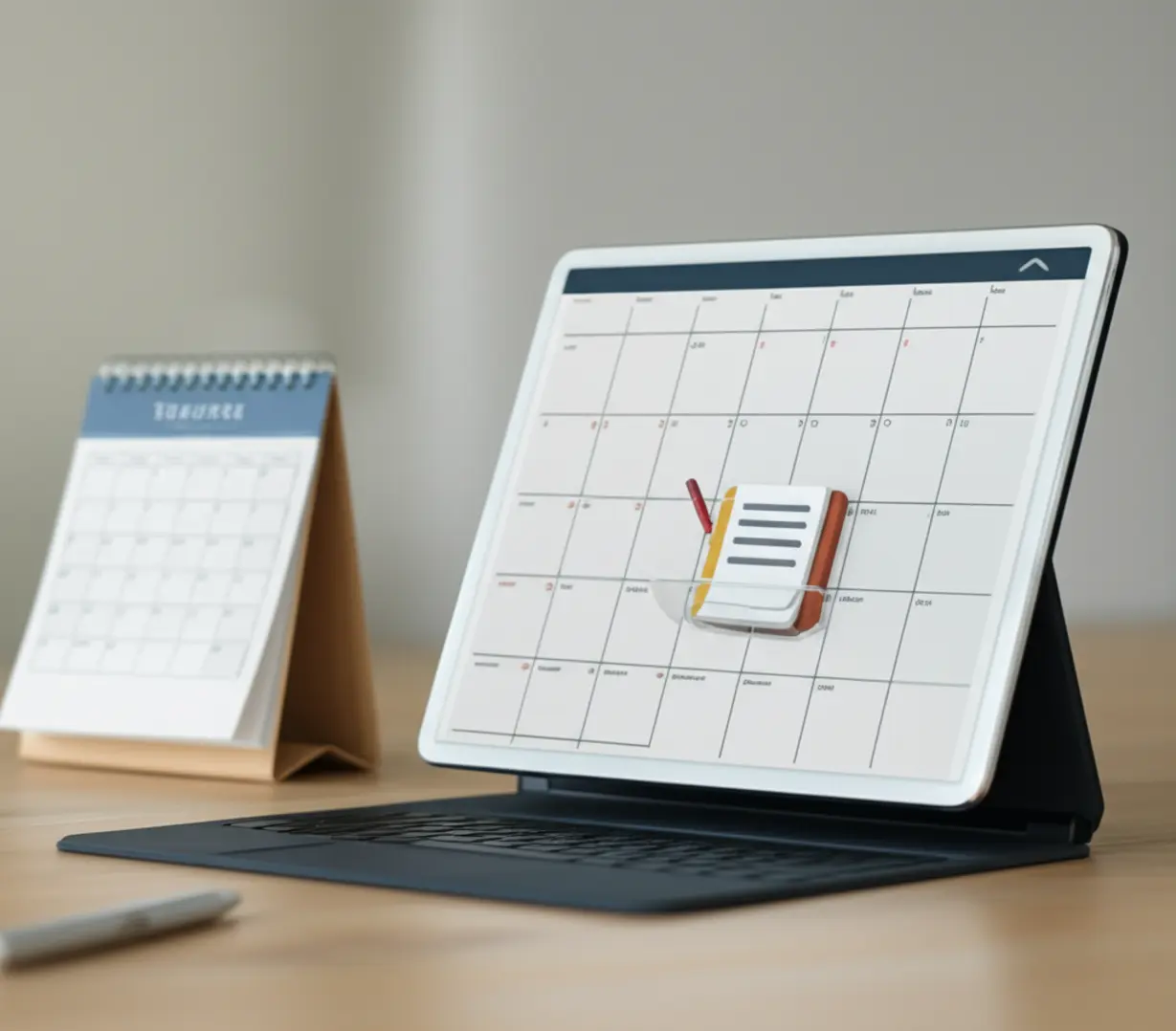 온라인-강의를-듣고-있는-태블릿과-한-주가-강조된-달력