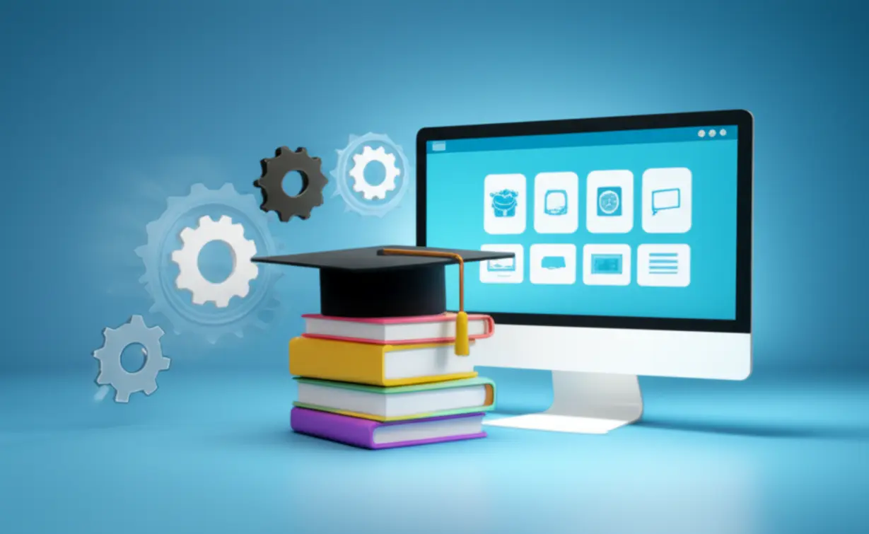 A-3D-rendering-of-books-and-a-computer-screen,-representing-online-learning-and-the-certification-exam-process.