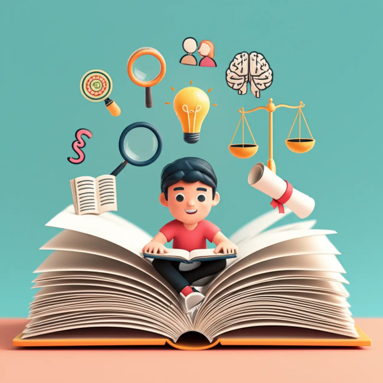 A-cute-3D-image-showing-an-open-textbook-from-which-symbols-of-learning-and-achievement-emerge,-illustrating-the-comprehensive-study-required-for-certification,-with-a-dedicated-student-figure-and-icons-representing-diverse-subjects-like-psychology-and-law.