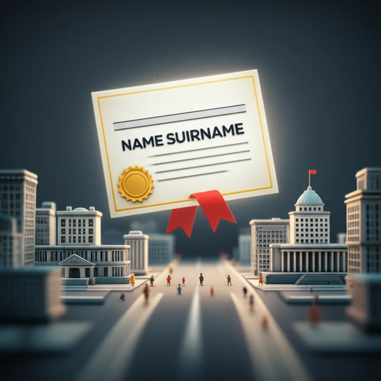 A-cute-3D-illustration-of-a-certificate-over-a-city,-symbolizing-career-opportunities-and-recognition-in-various-institutions.