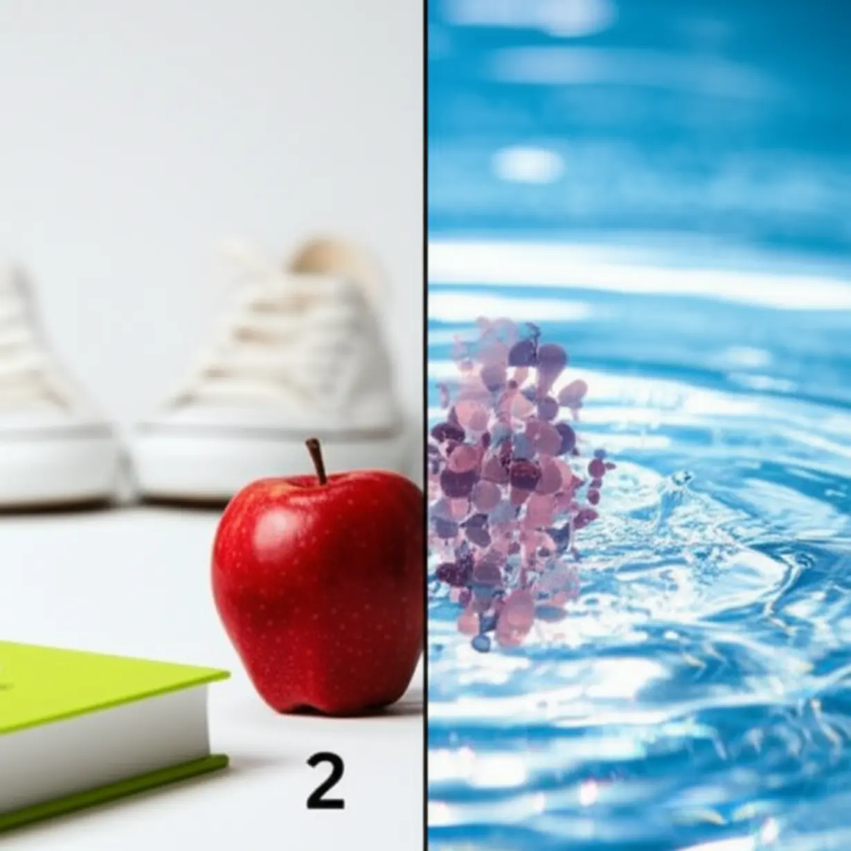 A-3D-illustration-split-into-two-sections,-one-showing-individual-items-(book,-apple,-shoes-with-a-number)-for-countable-nouns,-and-the-other-showing-fluid-substances-(water,-abstract-shapes)-for-uncountable-nouns.