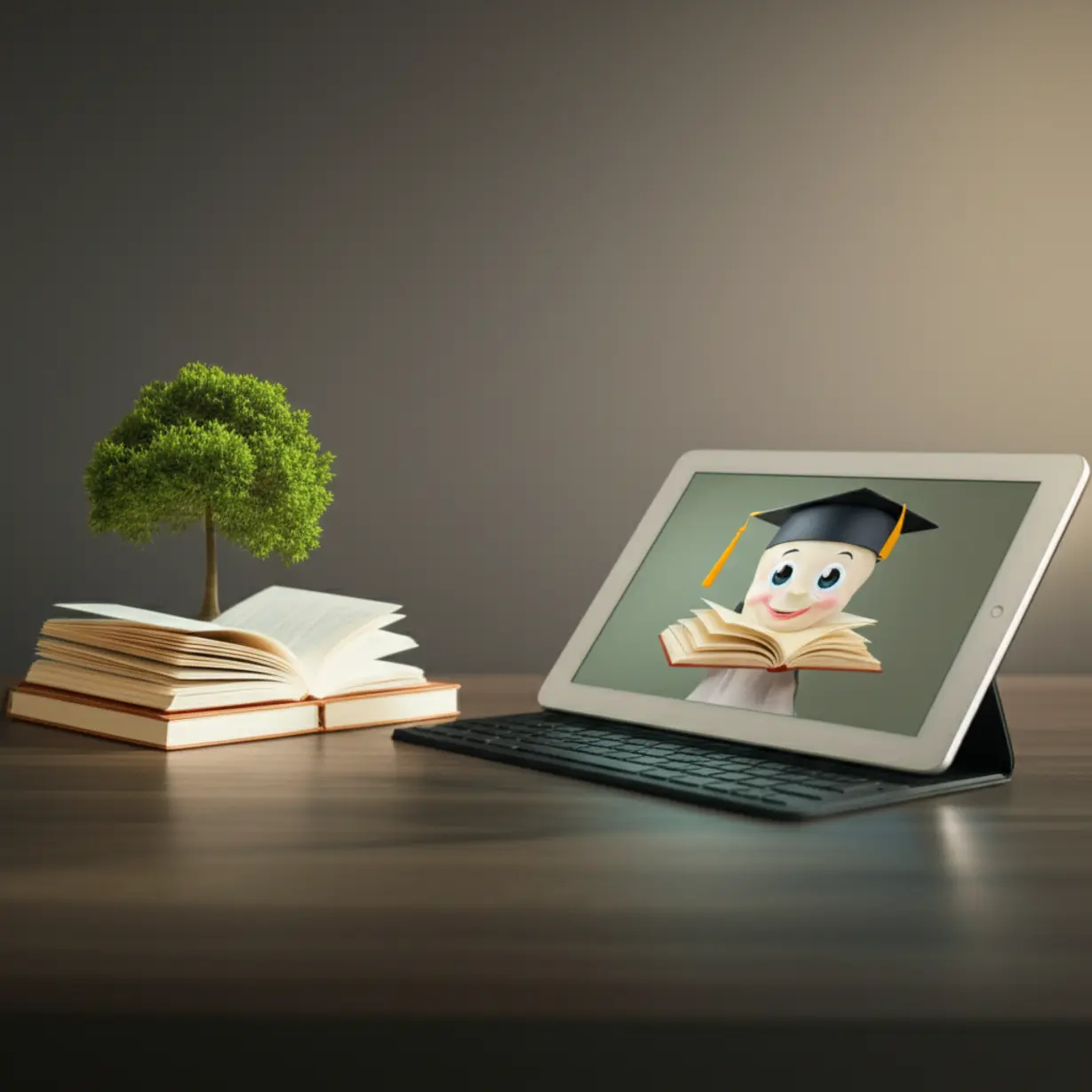 Books-and-a-tablet-displaying-educational-materials-on-child-psychology,-with-a-stylized-tree-indicating-growth.