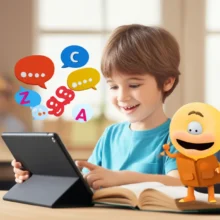 A-cute-3D-illustration-of-a-child-happily-interacting-with-an-online-English-learning-platform-on-a-tablet,-surrounded-by-floating-English-letters-and-educational-elements.