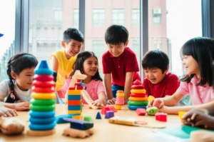 아이들이-교육-장난감으로-즐겁게-놀고-있는-현대적인-교실-풍경,-배경에는-양식화된-대학교-건물이-보인다.