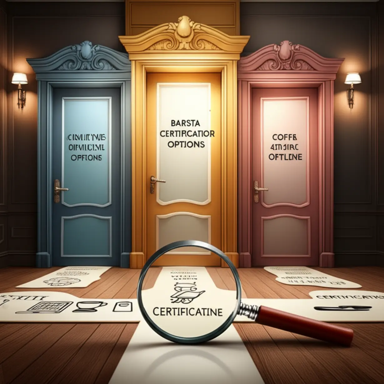 An-illustration-of-multiple-doors-or-paths-in-a-cafe,-each-representing-a-different-barista-certification-option-(online,-offline,-various-types),-with-a-magnifying-glass-indicating-the-process-of-careful-selection.