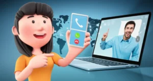 A-3D-animated-character-engaged-in-both-phone-and-video-calls-for-English-learning,-symbolizing-the-choice-between-different-online-learning-methods.